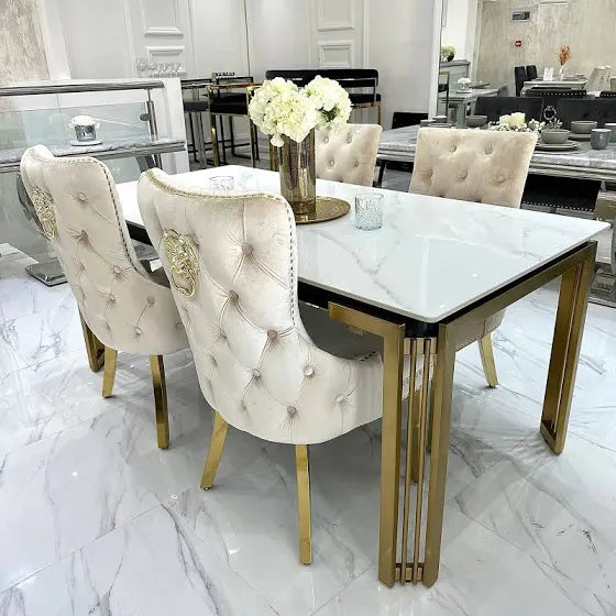 Sorrento 180cm Gold Dining Table with White Ceramic Marble Top + Cream/Gold Ring Knocker Velvet Chairs - Belmont Interiors