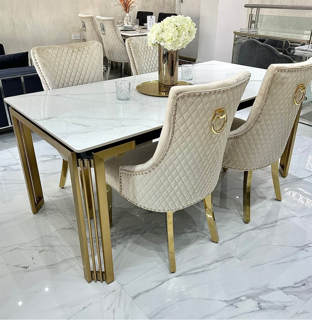 Sorrento 150cm Gold Dining Table with White Ceramic Marble Top + Cream/Gold Ring Knocker Velvet Chairs - Belmont Interiors