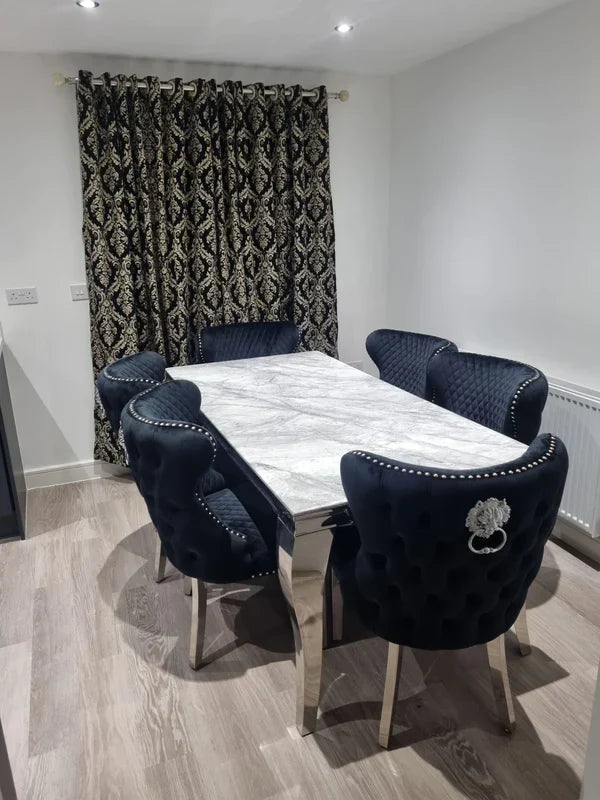 Louis Marble & Chrome Dining Table With Valentino Lion Knocker Velvet Chairs - Belmont Interiors