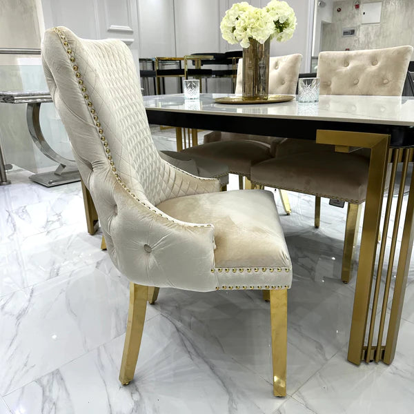 Sorrento 180cm Gold Dining Table with White Ceramic Marble Top + Cream/Gold Ring Knocker Velvet Chairs - Belmont Interiors