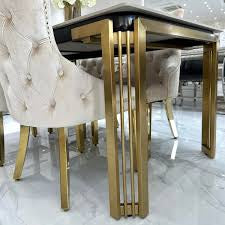 Sorrento 150cm Gold Dining Table with White Ceramic Marble Top + Cream/Gold Ring Knocker Velvet Chairs - Belmont Interiors