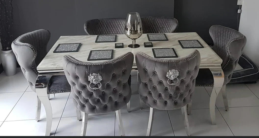 Louis Marble & Chrome Dining Table With Valentino Lion Knocker Velvet Chairs - Belmont Interiors