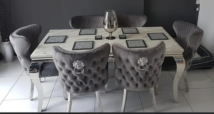 Louis Marble & Chrome Dining Table With Valentino Lion Knocker Velvet Chairs - Belmont Interiors