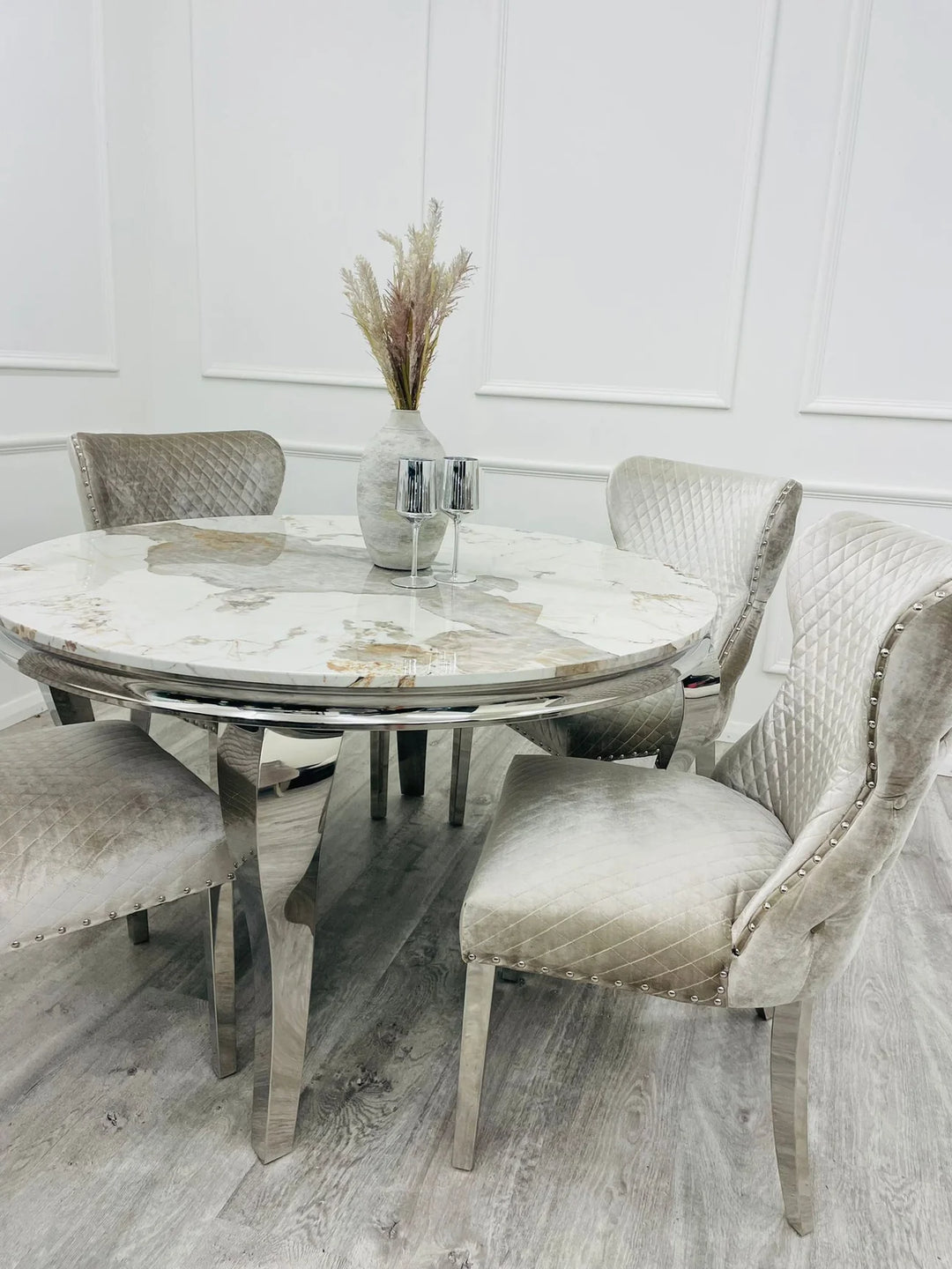 Louis 130cm Round Marble / Glass Dining Table - Belmont Interiors