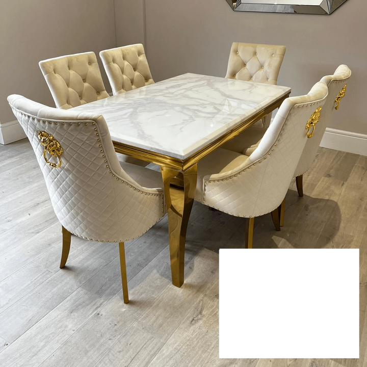 Louis Gold Marble Dining Table With Gold Lion Knocker Dining Chairs - Belmont Interiors