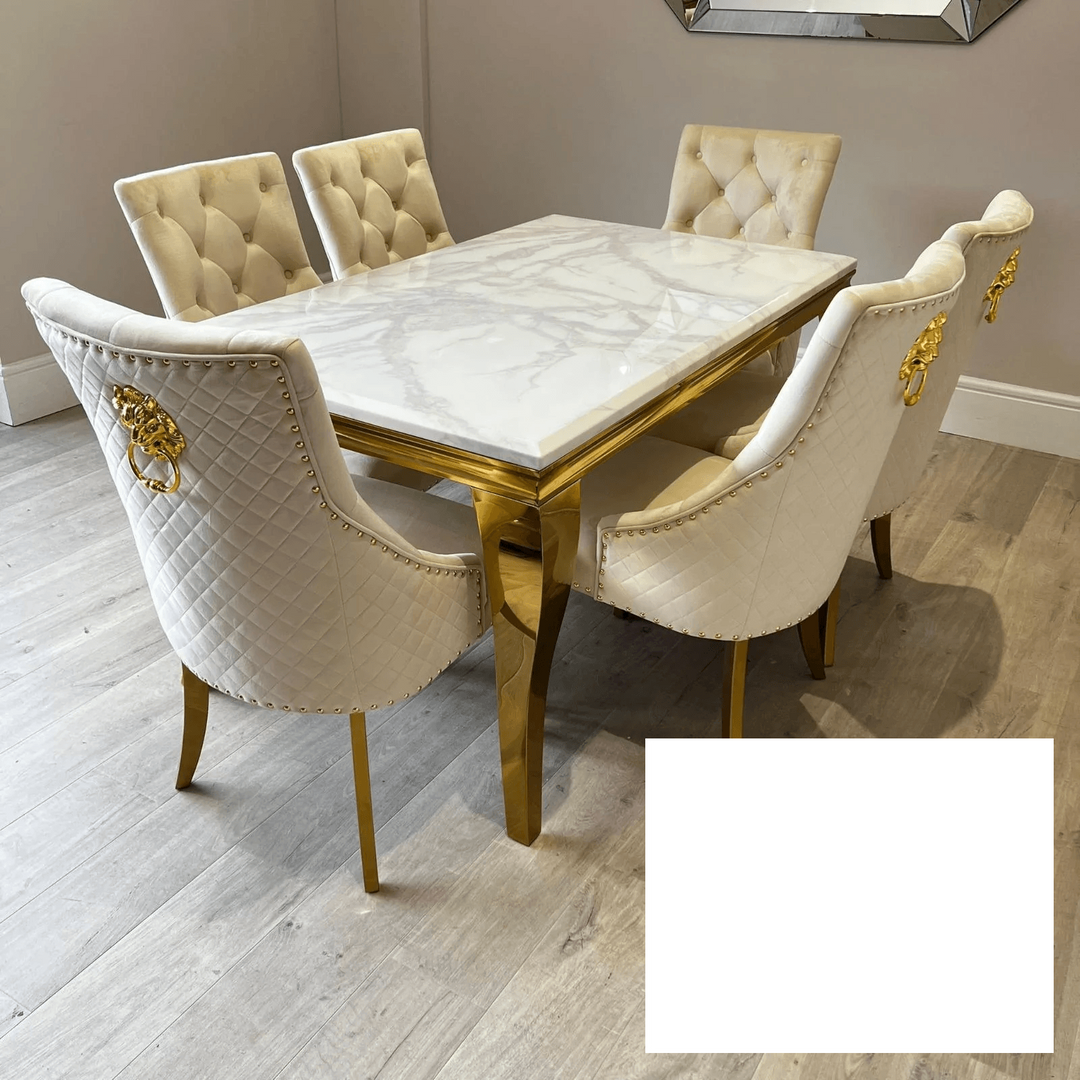 Louis Gold Marble Dining Table With Gold Lion Knocker Dining Chairs - Belmont Interiors