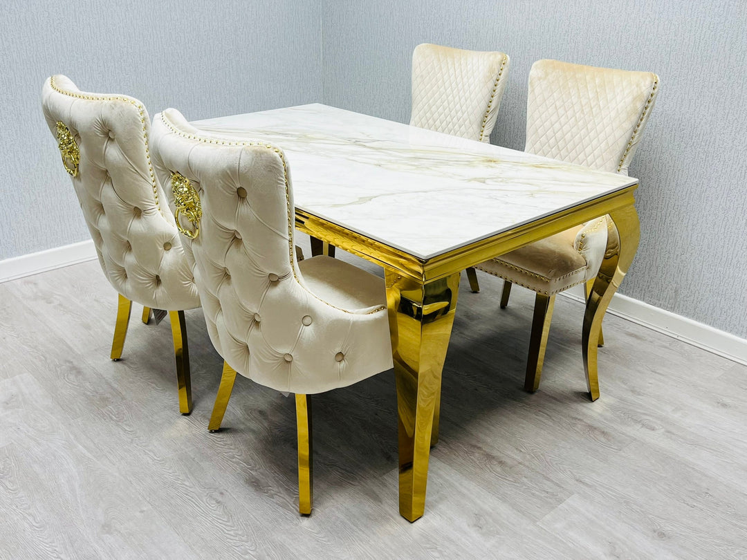 Louis Gold Pandora Gold Sintered Stone Dining Table With Shimmer Gold Lion Knocker Dining Chairs - Belmont Interiors