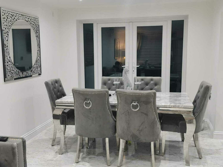 Louis 200cm White Marble Dining Table + Knightsbridge Dark Grey Knocker Plush Velvet Chairs-Dining Table & Chairs Set-Cuthwells-Belmont Interiors