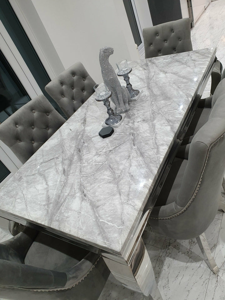 Louis 180cm White Marble Dining Table + Knightsbridge Light Grey Knocker Plush Velvet Chairs - Belmont Interiors