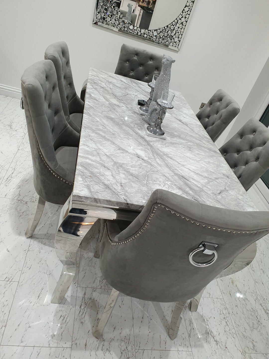 Louis 180cm White Marble Dining Table + Knightsbridge Light Grey Knocker Plush Velvet Chairs - Belmont Interiors