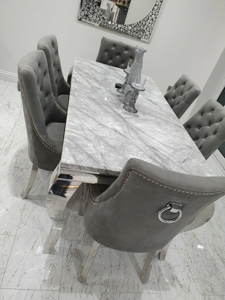 Louis 160cm White Marble Dining Table + Knightsbridge Dark Grey Knocker Plush Velvet Chairs - Belmont Interiors