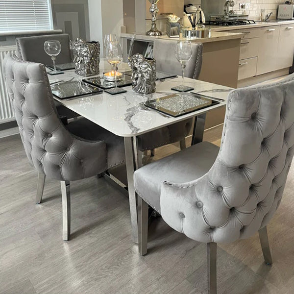 Lucien White 160cm Ceramic Marble Dining Table + Kensington Button Back Velvet Dining Chairs - Belmont Interiors