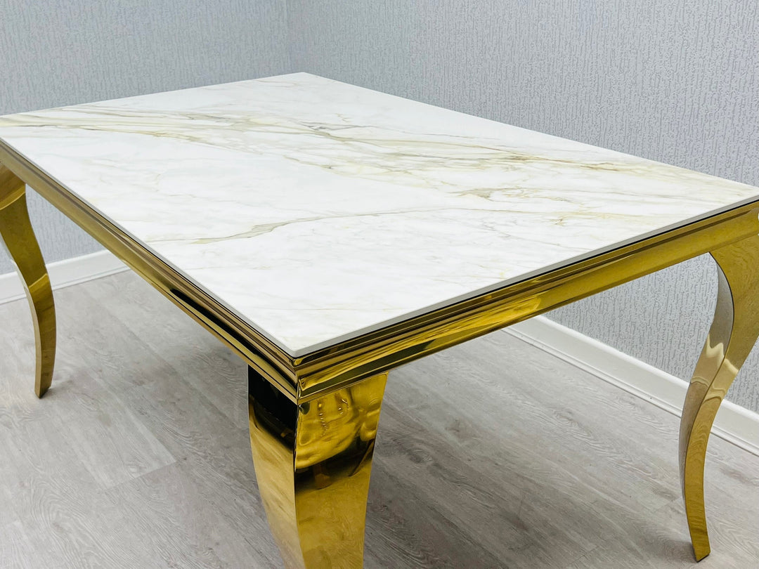 Louis Gold 160cm Ceramic Marble Cream Gold Dining Table With Shimmer Gold Lion Knocker Dining Chairs - Belmont Interiors