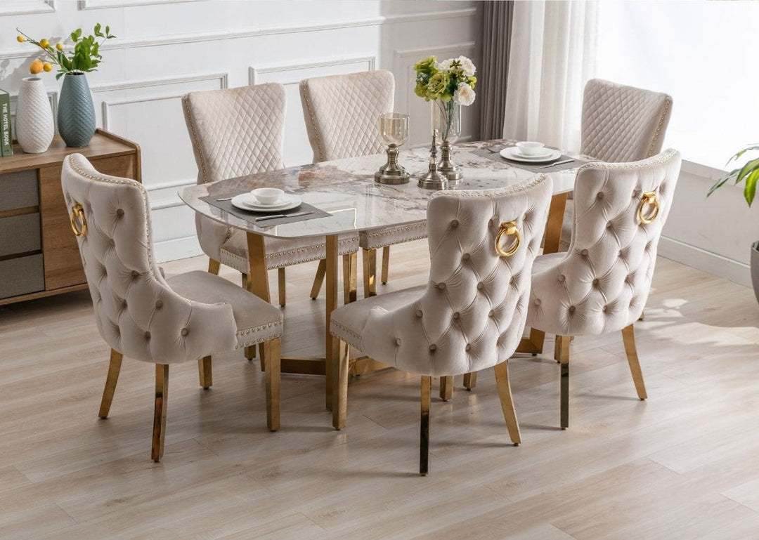 Lucien 150cm Gold Oval Dining Table with Pandora Gold Ceramic Top + Cream/Gold Ring Knocker Velvet Chairs - Belmont Interiors