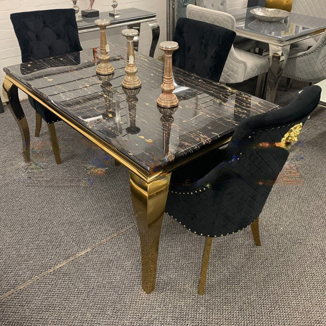 Louis Black/Gold Marble Dining Table With Gold Lion Knocker Velvet Chairs-Dining Table & Chairs Set-Cuthwells-Belmont Interiors