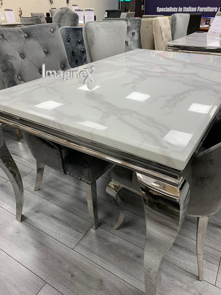 Louis Grey Marble 160CM Dining Table + Belle Silver Grey Chairs, Bench Option - Belmont Interiors