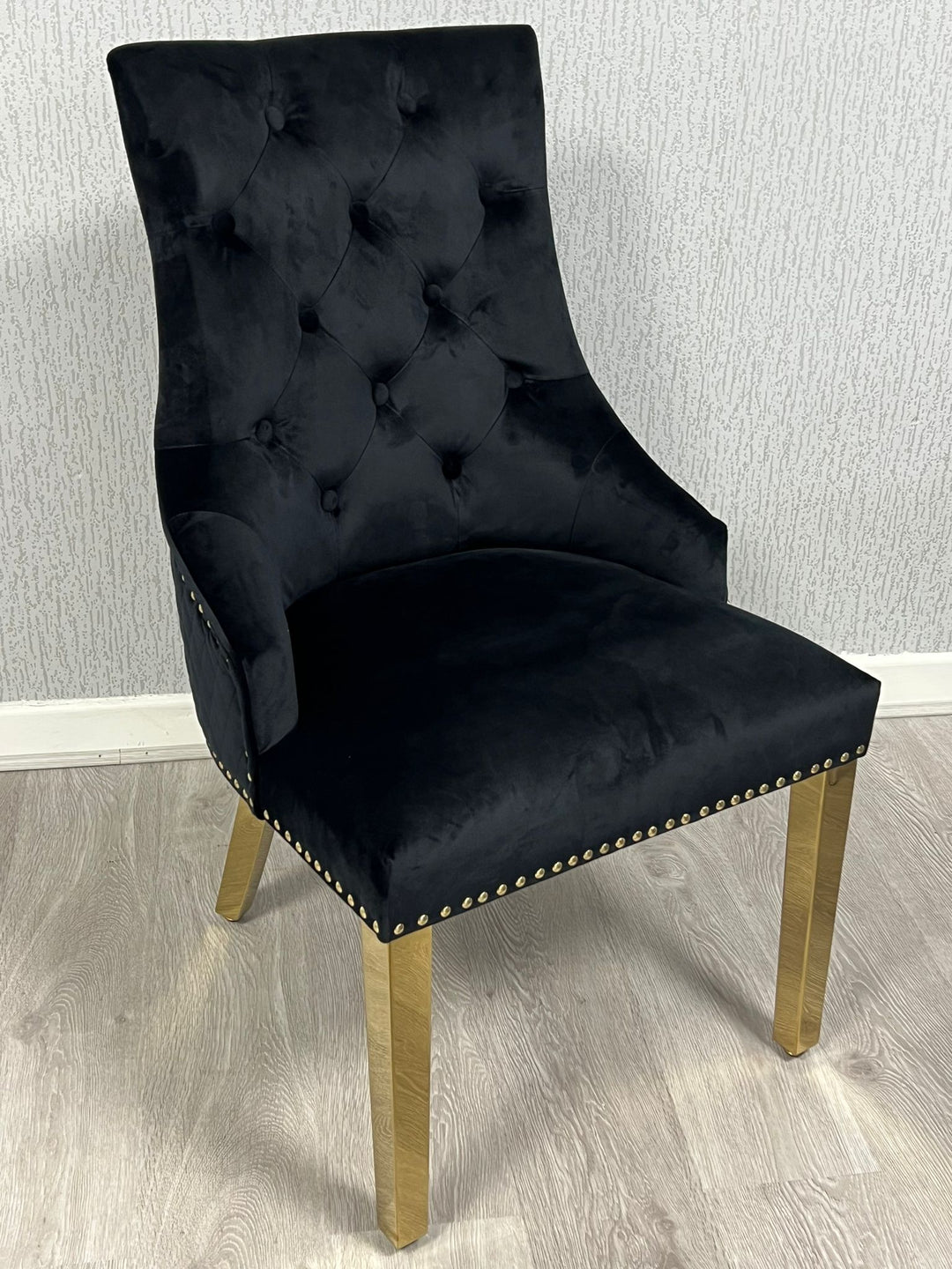 Majestic Black Gold Ring Knocker Quilted Tufted Plush Velvet Dining Chair Gold Legs - Belmont Interiors