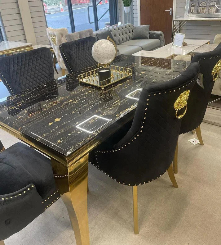 Louis Black/Gold Marble Dining Table With Gold Lion Knocker Velvet Chairs - Belmont Interiors