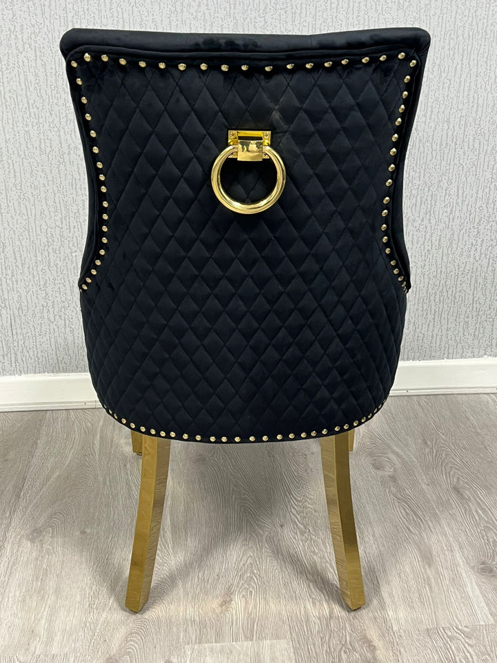 Majestic Black Gold Ring Knocker Quilted Tufted Plush Velvet Dining Chair Gold Legs - Belmont Interiors