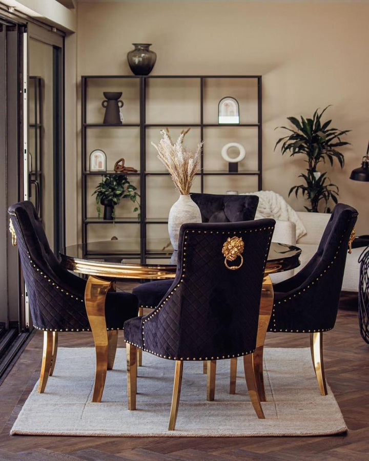 Louis 130cm Gold Round Marble Dining Table + Black Gold Lion Dining Chairs - Belmont Interiors