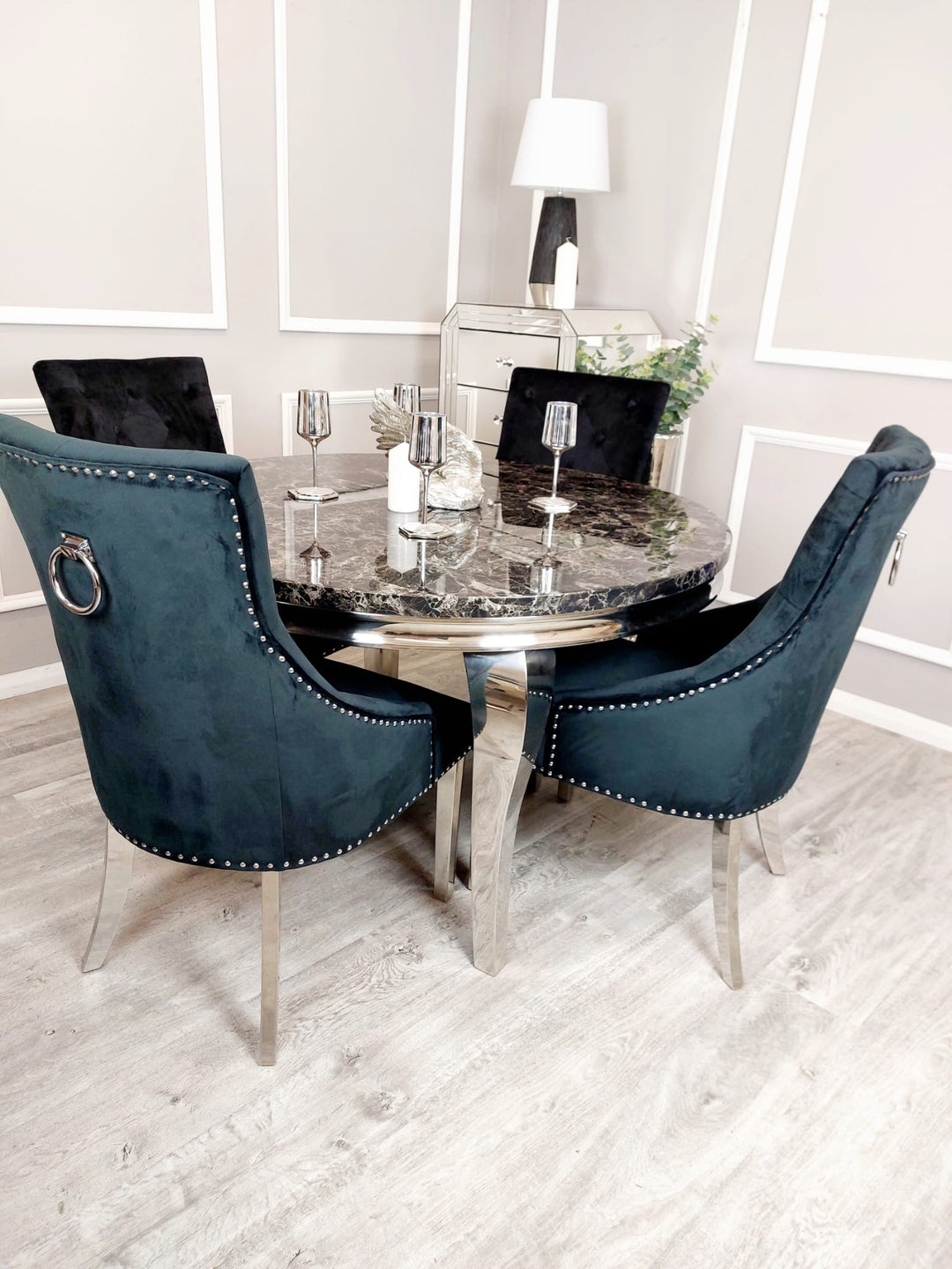 Louis Black Marble 130cm Round Dining Table With Black Knocker Plush Velvet Chairs - Belmont Interiors