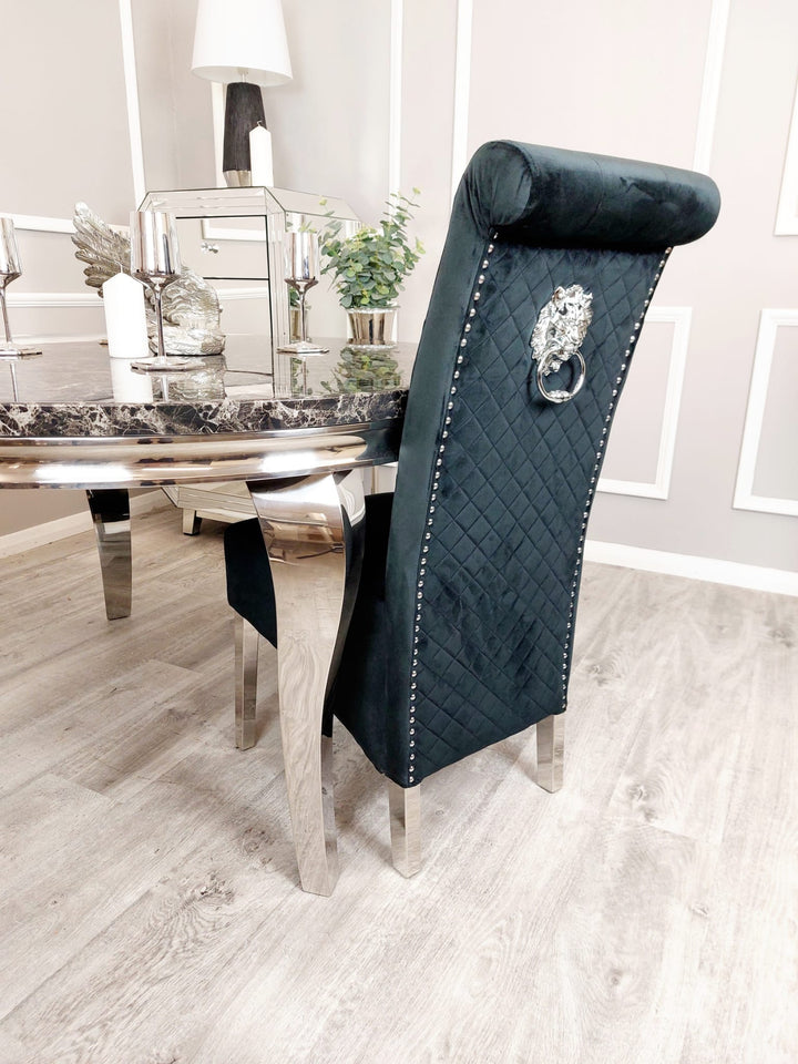 Louis Black Marble 130cm Round Dining Table With Lucy Black Lion Knocker Plush Velvet Chairs - Belmont Interiors