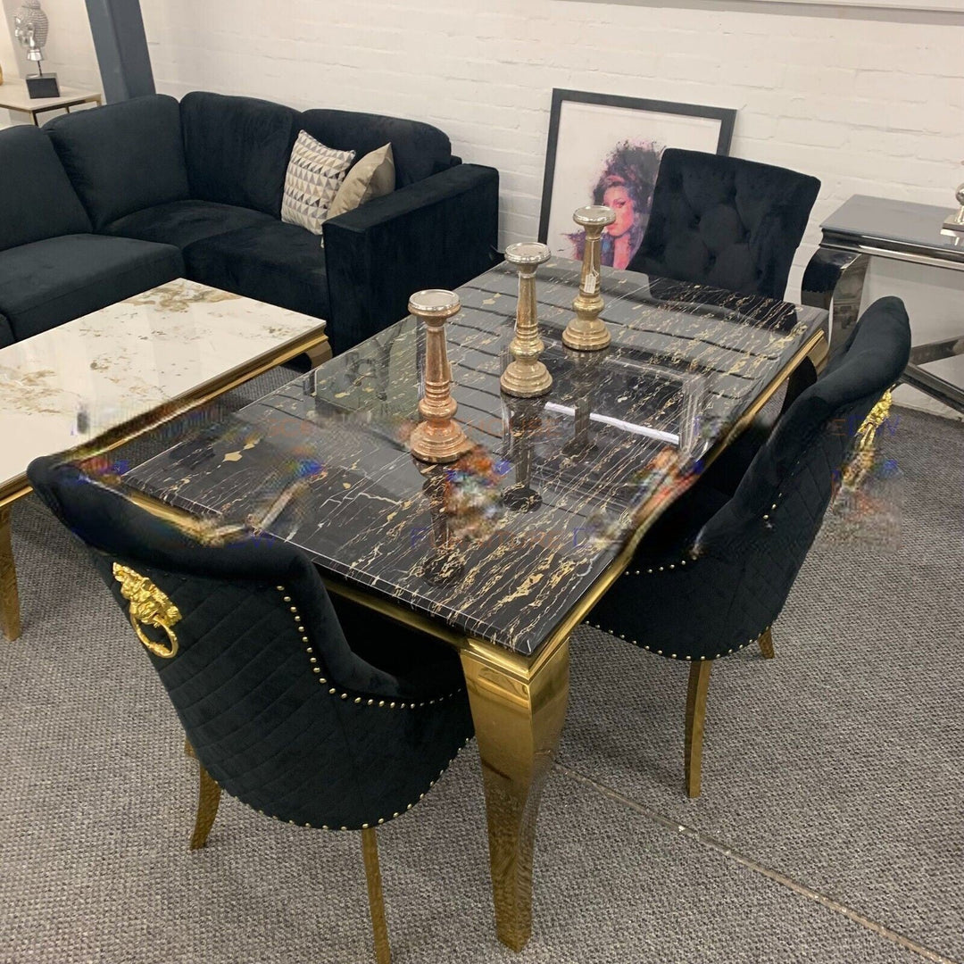 Louis Black/Gold Marble Dining Table With Gold Lion Knocker Velvet Chairs-Dining Table & Chairs Set-Cuthwells-Belmont Interiors