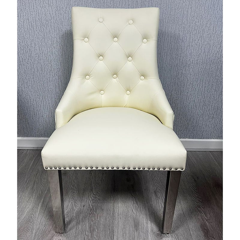 Majestic Lion Knocker Quilted PU Cream White Leather Dining Chair Chrome Legs - Belmont Interiors