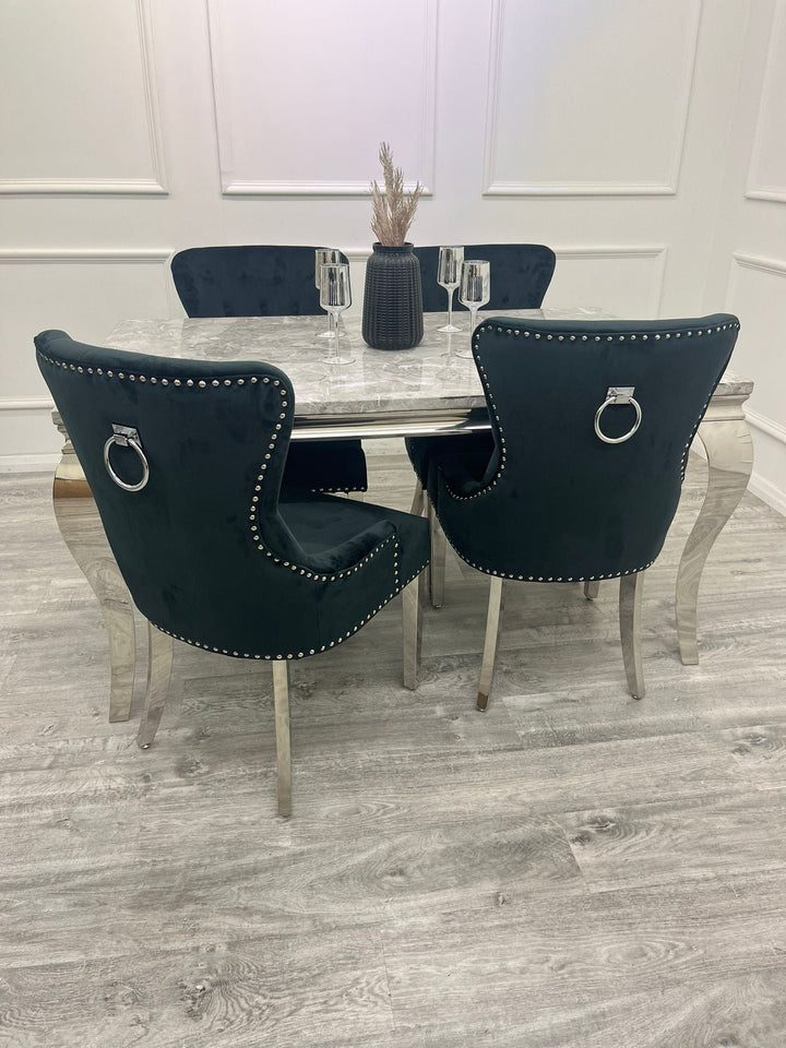 Louis Marble & Chrome Dining Table With Megan Chrome Ring Knocker Velvet Chairs - Belmont Interiors