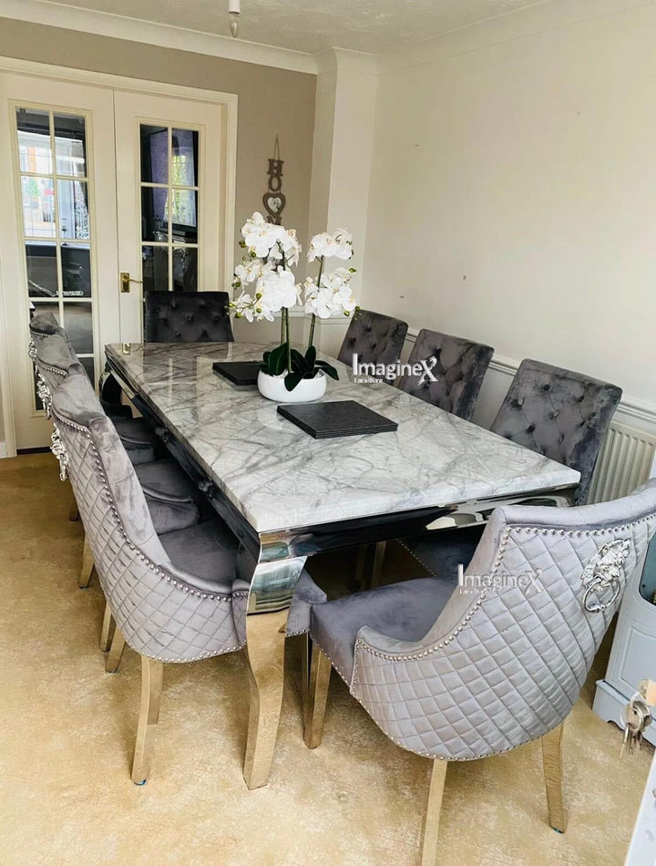 Louis 180cm Grey Marble Dining Table + Dark Grey Lion Knocker Plush Velvet Chairs - Belmont Interiors