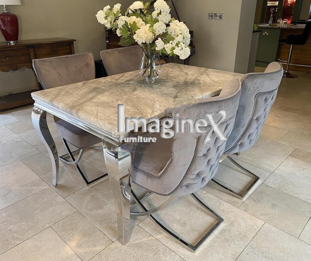 Louis 200cm Grey Marble Dining Table + Belgravia Light Grey Plush Velvet Button Dining Chairs - Belmont Interiors