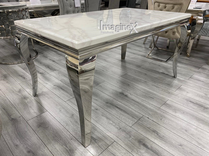 Louis 180cm White Marble Dining Table + 4 Grey Lion Knocker Chairs + 130cm Bench - Belmont Interiors