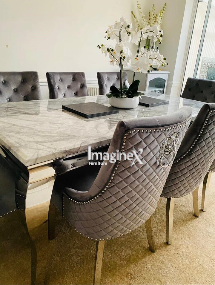 Louis 160cm Grey Marble Dining Table + Grey Lion Knocker Plush Velvet Chairs - Belmont Interiors