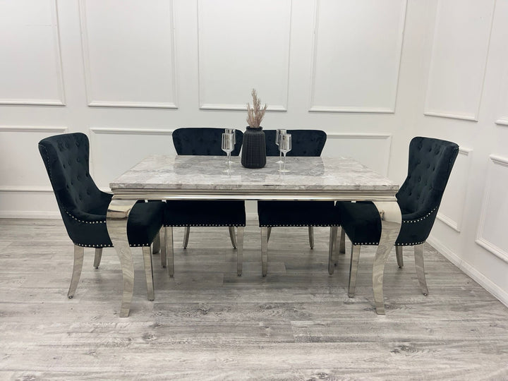 Louis Marble & Chrome Dining Table With Megan Chrome Ring Knocker Velvet Chairs - Belmont Interiors