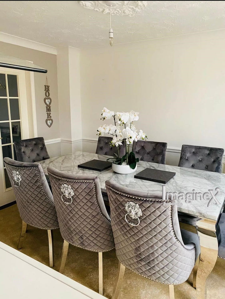 Louis 160cm Grey Marble Dining Table + Grey Lion Knocker Plush Velvet Chairs - Belmont Interiors