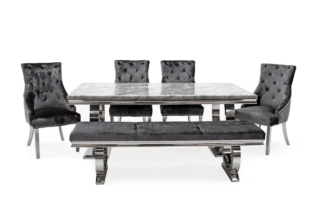 Arianna 180cm Grey Marble Dining Table + 4 Belle Charcoal Velvet Dining Chairs + 180cm Bench - Belmont Interiors