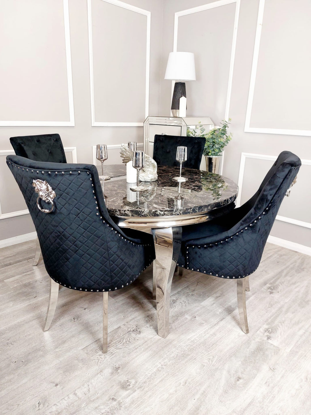 Louis Black Marble 130cm Round Dining Table With Black Lion Knocker Plush Velvet Chairs - Belmont Interiors