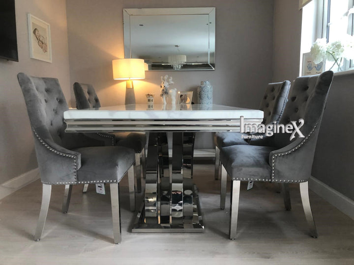 Ottavia White Marble 180CM Dining Table + Knightsbridge Chrome Knocker Plush Velvet Dining Chairs - Belmont Interiors