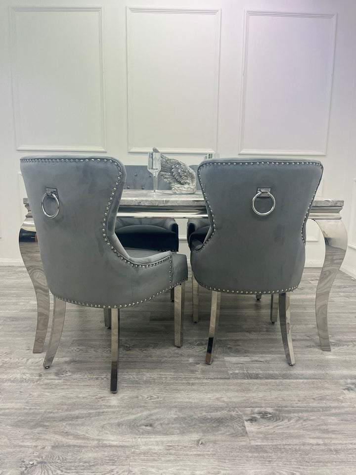 Louis Marble & Chrome Dining Table With Megan Chrome Ring Knocker Velvet Chairs - Belmont Interiors