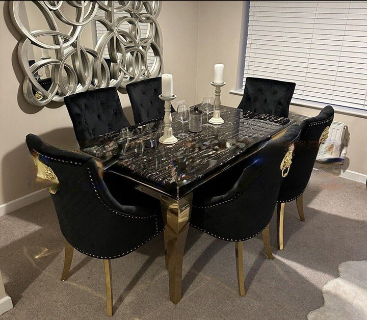 Louis Black/Gold Marble Dining Table With Gold Lion Knocker Velvet Chairs-Dining Table & Chairs Set-Cuthwells-Belmont Interiors