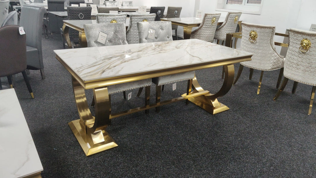 Arianna 180CM Gold Marble Dining Table + Gold Lion Knocker Dining Chairs - Belmont Interiors