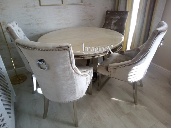 Chelsea 130cm Cream Marble Round Dining Table + Belvedere Champagne Dining Chairs - Belmont Interiors