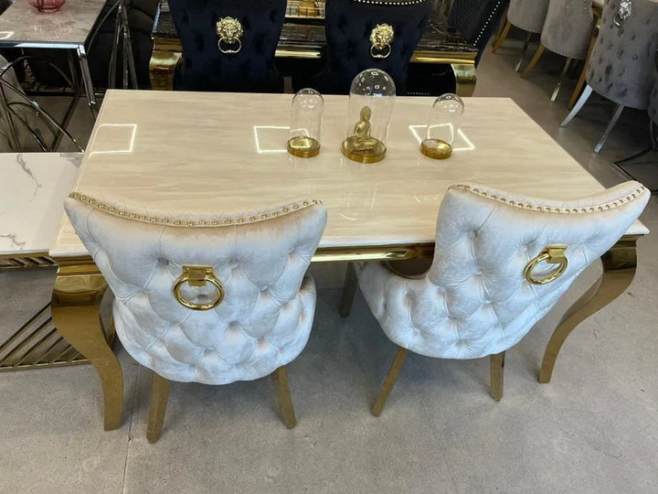 Louis Gold Cream Marble Dining Table With Shimmer Gold Ring Knocker Dining Chairs - Belmont Interiors