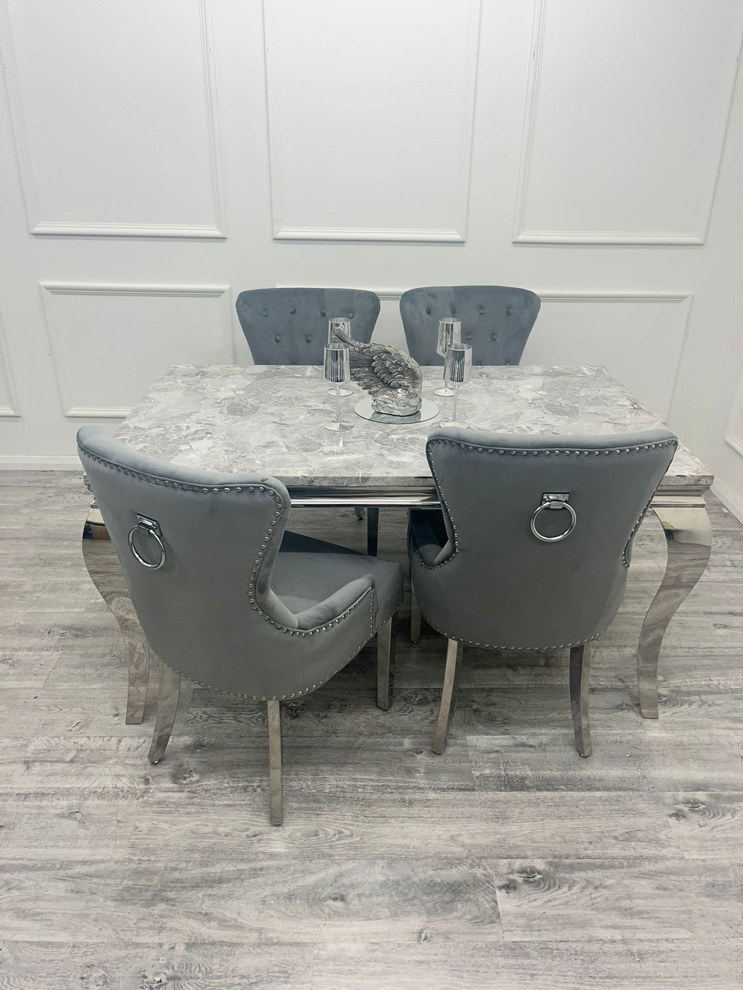 Louis Marble & Chrome Dining Table With Megan Chrome Ring Knocker Velvet Chairs - Belmont Interiors