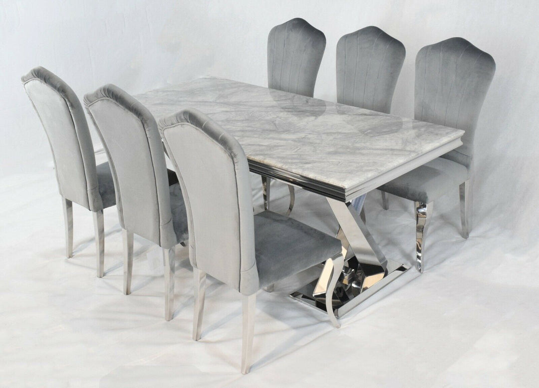 X Frame Grey Marble 180cm Dining Table + Grey Lucy Velvet Chairs - Belmont Interiors