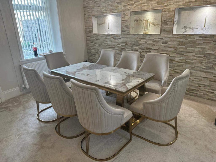 Arianna 200cm Gold Marble Dining Table With Carlton Cream/Gold Velvet Dining Chairs-Dining Table & Chairs Set-Cuthwells-Belmont Interiors