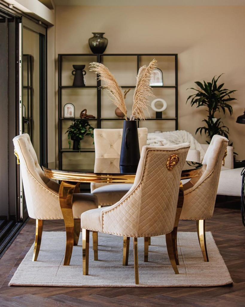 Louis 130cm Gold Round Marble Dining Table + Cream Gold Lion Dining Chairs - Belmont Interiors