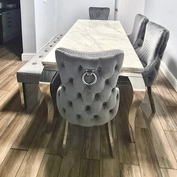 Louis Marble 150CM Dining Table + Victoria Grey Ring Chairs, Bench Option - Belmont Interiors