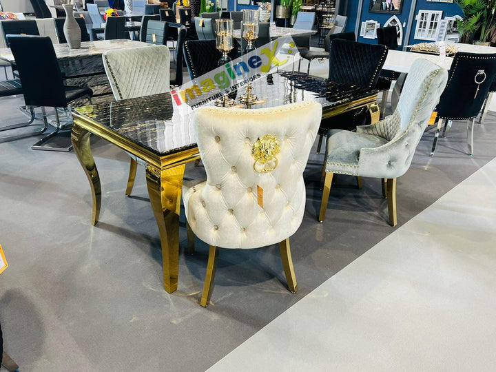 Louis 180cm Black & Gold Marble Dining Table + Valencia Lion Knocker Velvet Gold Leg Chairs - Belmont Interiors