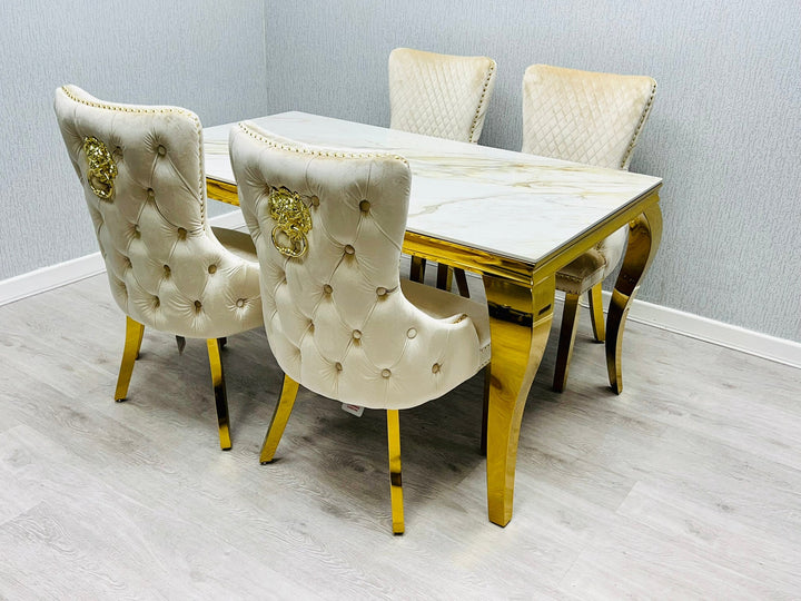 Louis Gold 160cm Ceramic Marble Cream Gold Dining Table With Shimmer Gold Lion Knocker Dining Chairs - Belmont Interiors